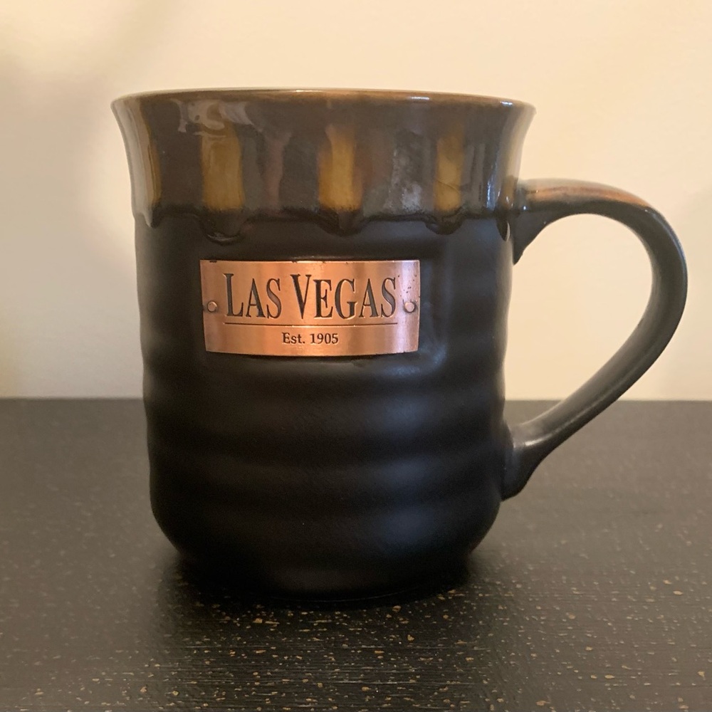 Black and Brown Ceramic Mug With Las Vegas Engraved Copper Emblem